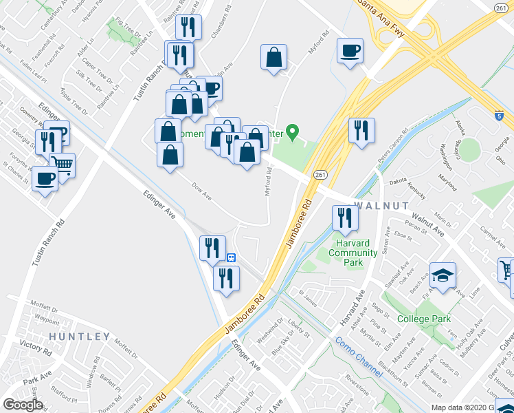 map of restaurants, bars, coffee shops, grocery stores, and more near 14791 Myford Rd in Tustin