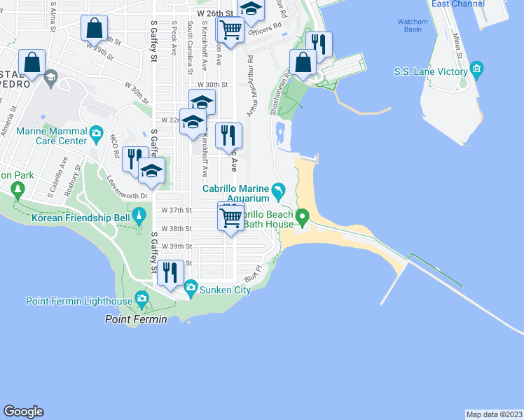 map of restaurants, bars, coffee shops, grocery stores, and more near 3651 Stephen M White Drive in Los Angeles