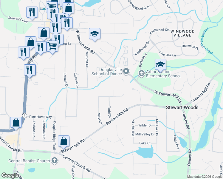 map of restaurants, bars, coffee shops, grocery stores, and more near 3781 Patricia Court in Douglasville