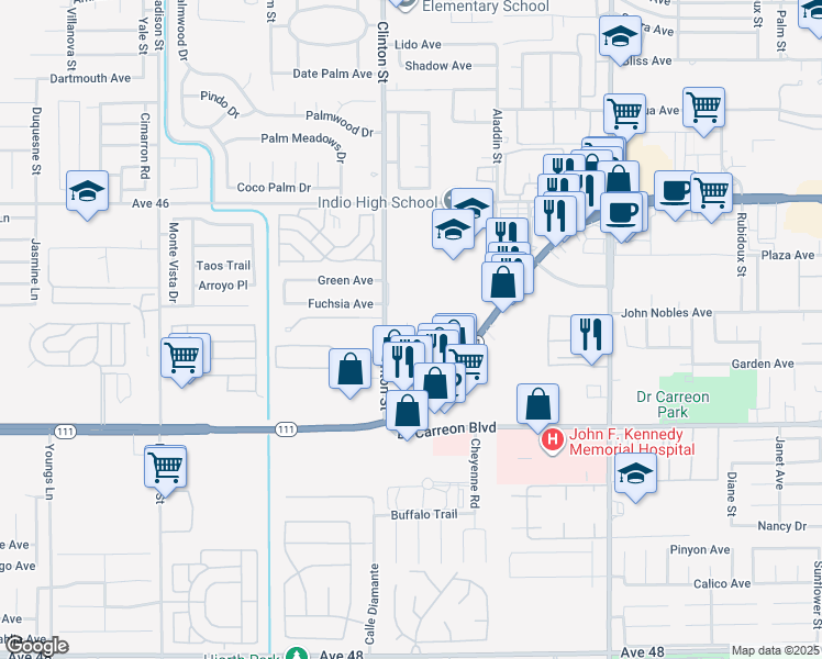 map of restaurants, bars, coffee shops, grocery stores, and more near 1 Desert Villa Street in Indio