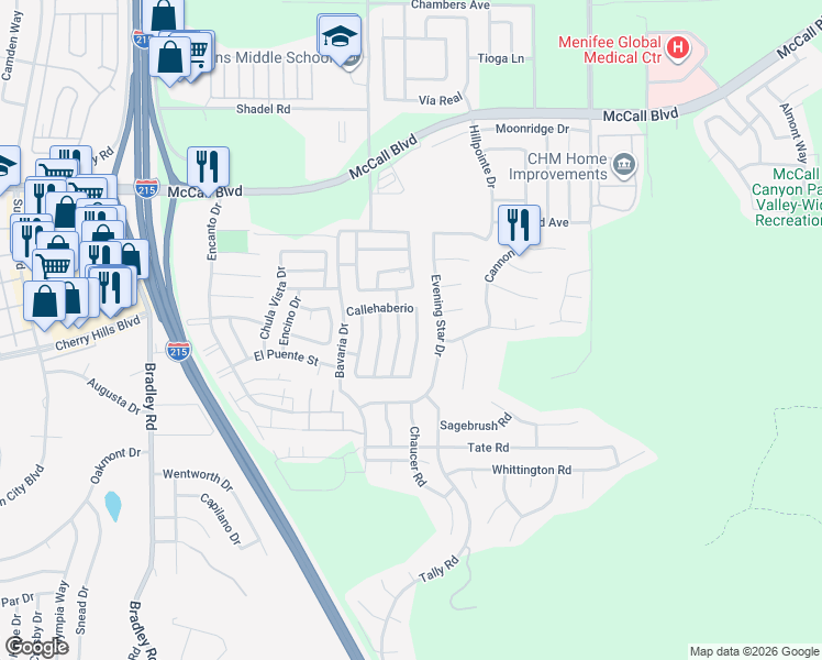 map of restaurants, bars, coffee shops, grocery stores, and more near 28261 Vía Bandita in Menifee