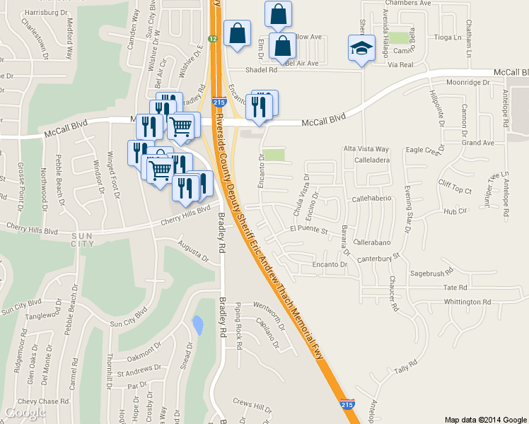 map of restaurants, bars, coffee shops, grocery stores, and more near 28244 Encanto Drive in Menifee