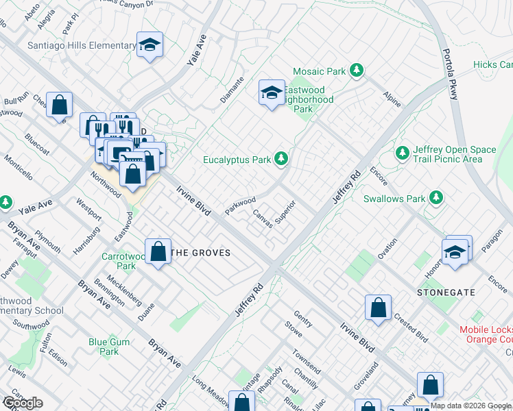 map of restaurants, bars, coffee shops, grocery stores, and more near 143 Tidal Line in Irvine