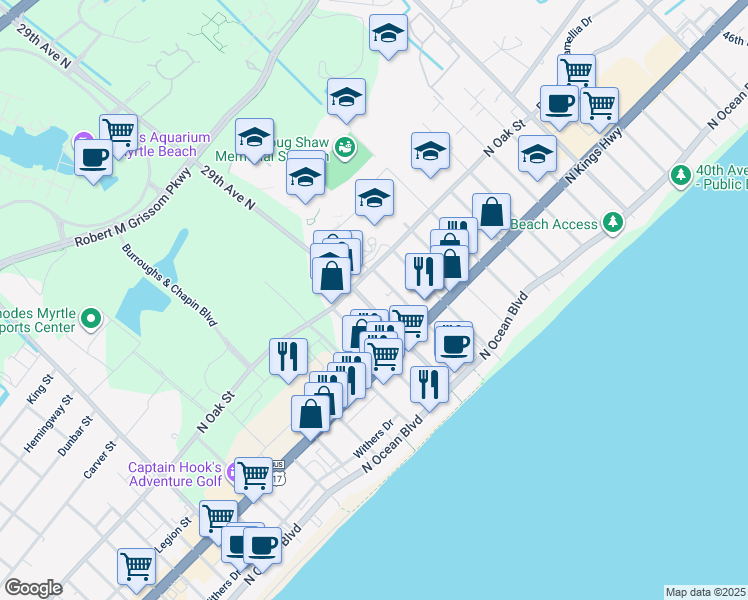 map of restaurants, bars, coffee shops, grocery stores, and more near 2900 North Oak Street in Myrtle Beach