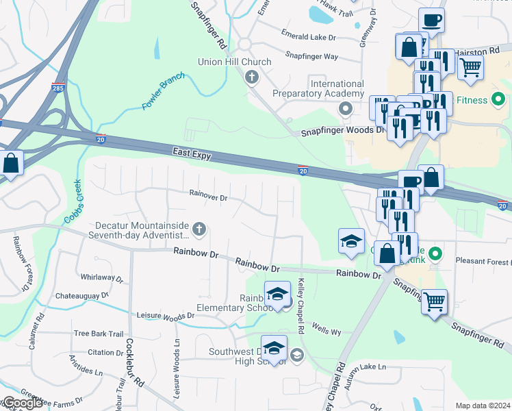 map of restaurants, bars, coffee shops, grocery stores, and more near 2602 Bright Court in Decatur