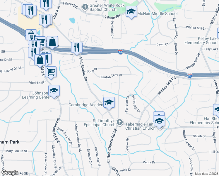 map of restaurants, bars, coffee shops, grocery stores, and more near 2602 Casher Drive in Decatur