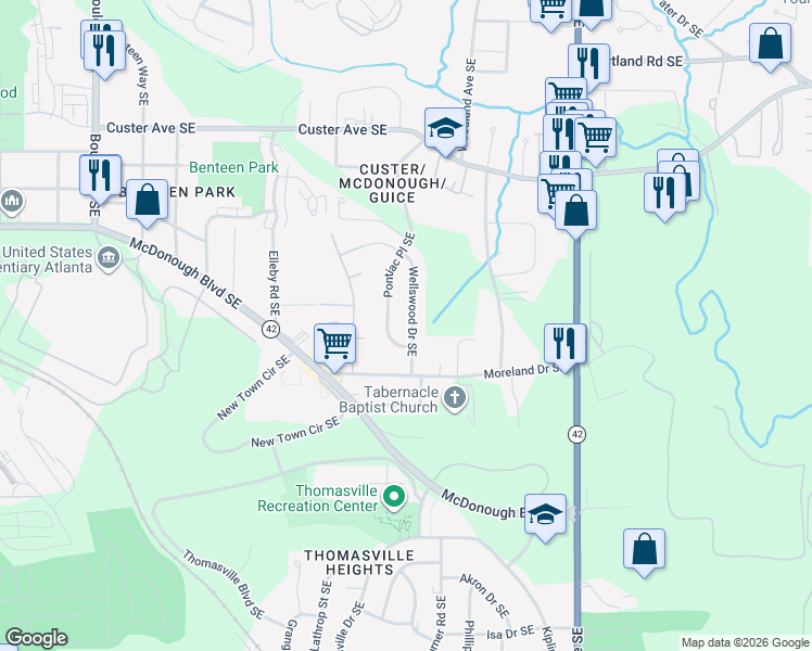 map of restaurants, bars, coffee shops, grocery stores, and more near 1596 Pontiac Place Southeast in Atlanta