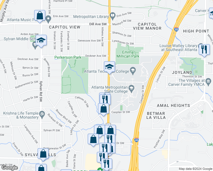map of restaurants, bars, coffee shops, grocery stores, and more near 1611 Metropolitan Parkway Southwest in Atlanta