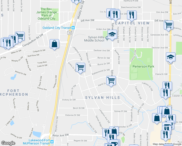 map of restaurants, bars, coffee shops, grocery stores, and more near 1608 Melrose Drive Southwest in Atlanta