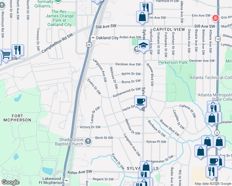 map of restaurants, bars, coffee shops, grocery stores, and more near 1608 Melrose Drive Southwest in Atlanta