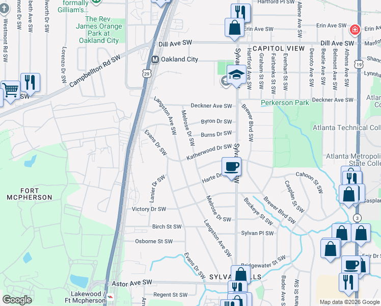 map of restaurants, bars, coffee shops, grocery stores, and more near 1608 Melrose Drive Southwest in Atlanta
