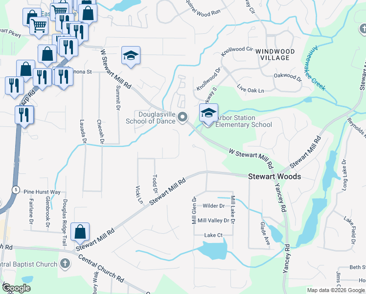 map of restaurants, bars, coffee shops, grocery stores, and more near 5485 Christi Drive in Douglasville