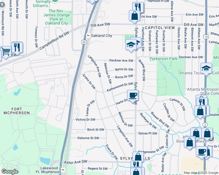 map of restaurants, bars, coffee shops, grocery stores, and more near 1029 Katherwood Drive Southwest in Atlanta