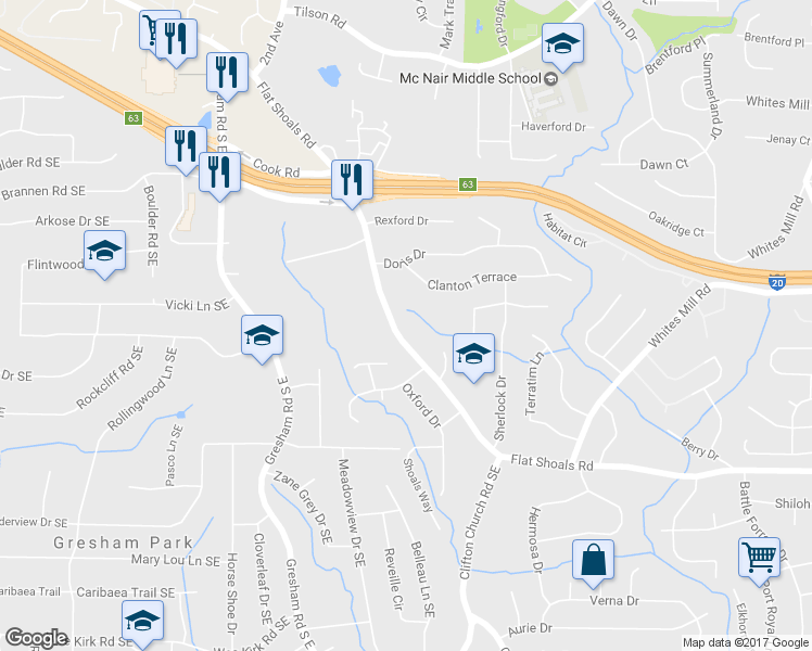 map of restaurants, bars, coffee shops, grocery stores, and more near 2668 Flat Shoals Rd in Decatur