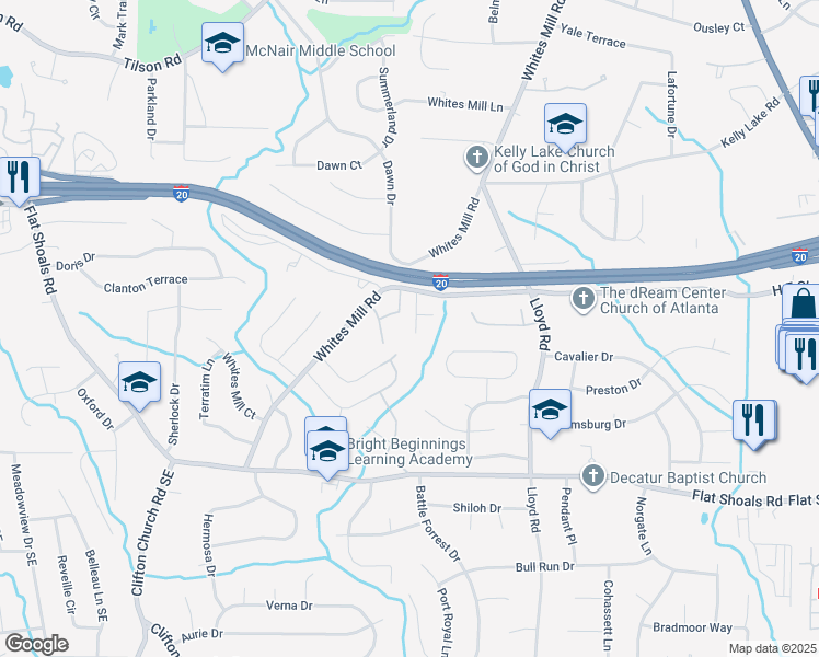 map of restaurants, bars, coffee shops, grocery stores, and more near 2432 Whites Mill Road in Decatur