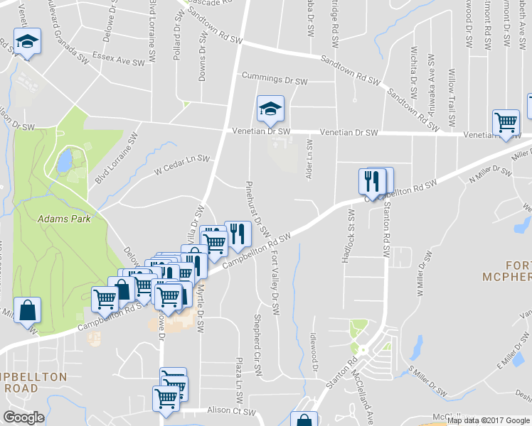 map of restaurants, bars, coffee shops, grocery stores, and more near 1660 Pinehurst Drive Southwest in Atlanta