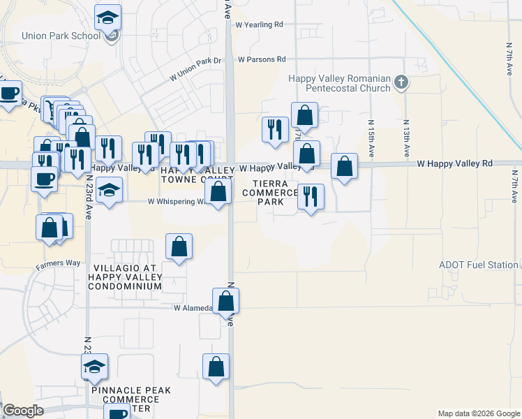 map of restaurants, bars, coffee shops, grocery stores, and more near 1717 West Happy Valley Road in Phoenix