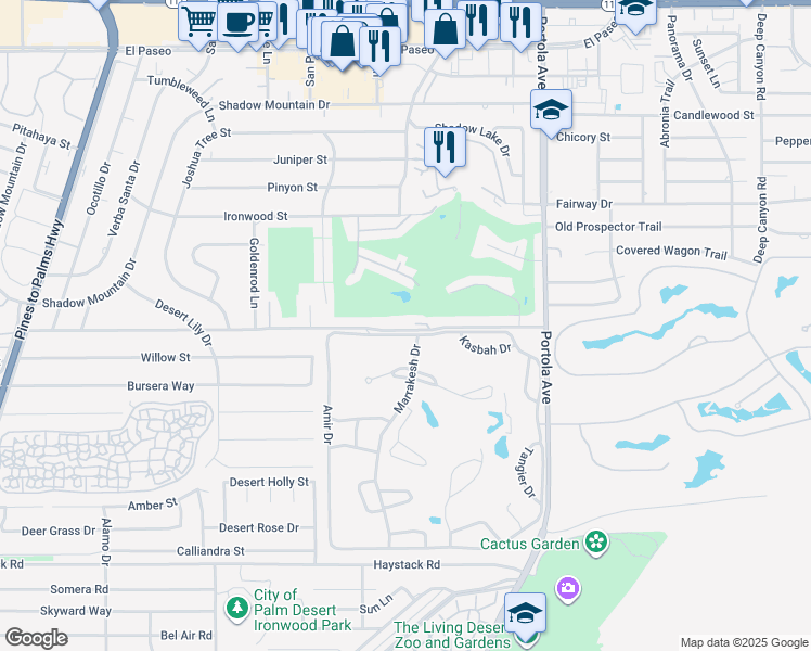map of restaurants, bars, coffee shops, grocery stores, and more near 73700 Shadow Lane in Palm Desert