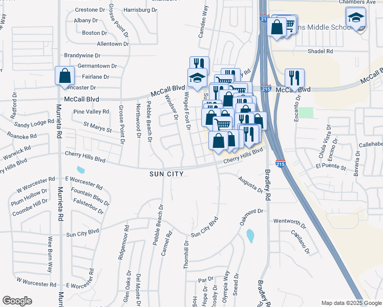 map of restaurants, bars, coffee shops, grocery stores, and more near 28241 Winged Foot Drive in Menifee