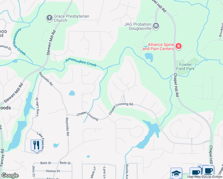 map of restaurants, bars, coffee shops, grocery stores, and more near 3510 Fairgreen Court in Douglasville