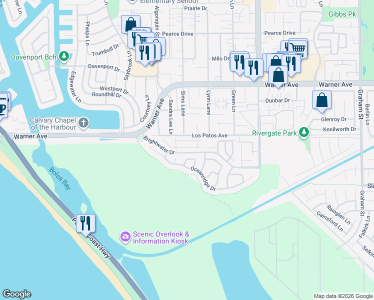 map of restaurants, bars, coffee shops, grocery stores, and more near 4632 Wellfleet Drive in Huntington Beach
