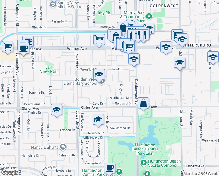 map of restaurants, bars, coffee shops, grocery stores, and more near 17321 Margarita Lane in Huntington Beach