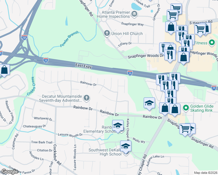 map of restaurants, bars, coffee shops, grocery stores, and more near 2602 Bright Court in Decatur