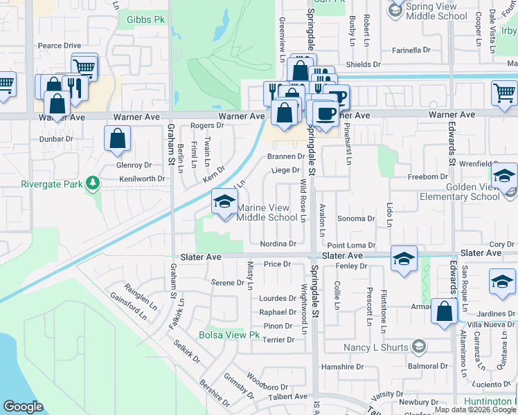 map of restaurants, bars, coffee shops, grocery stores, and more near 17331 Chapparal Lane in Huntington Beach