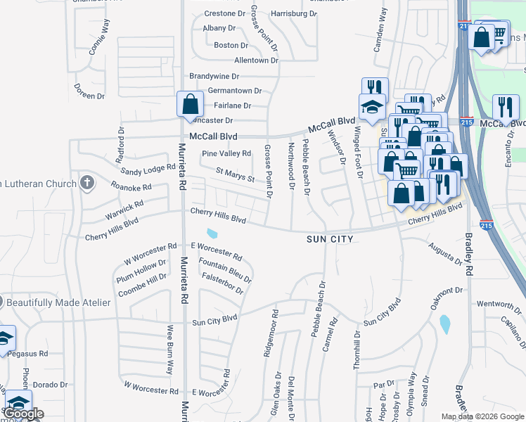 map of restaurants, bars, coffee shops, grocery stores, and more near 26295 Birkdale Road in Menifee
