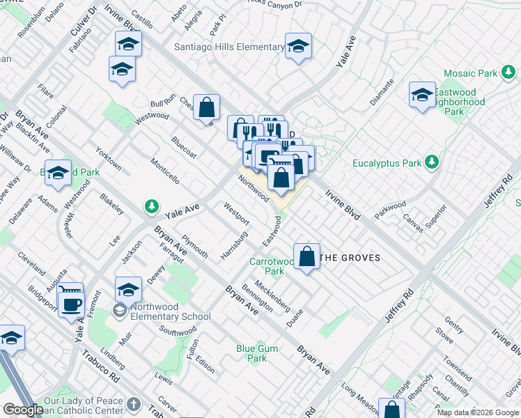 map of restaurants, bars, coffee shops, grocery stores, and more near 20 Miners Trail in Irvine