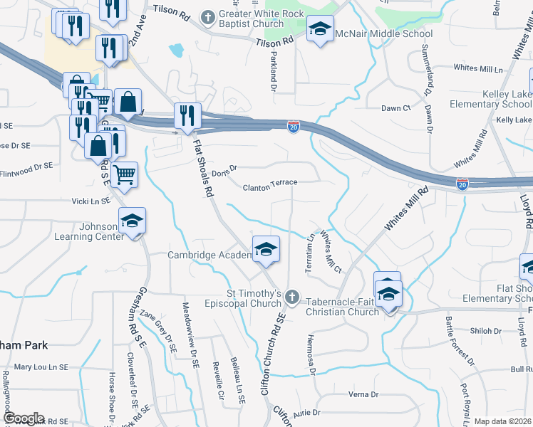 map of restaurants, bars, coffee shops, grocery stores, and more near 2602 Casher Drive in Decatur