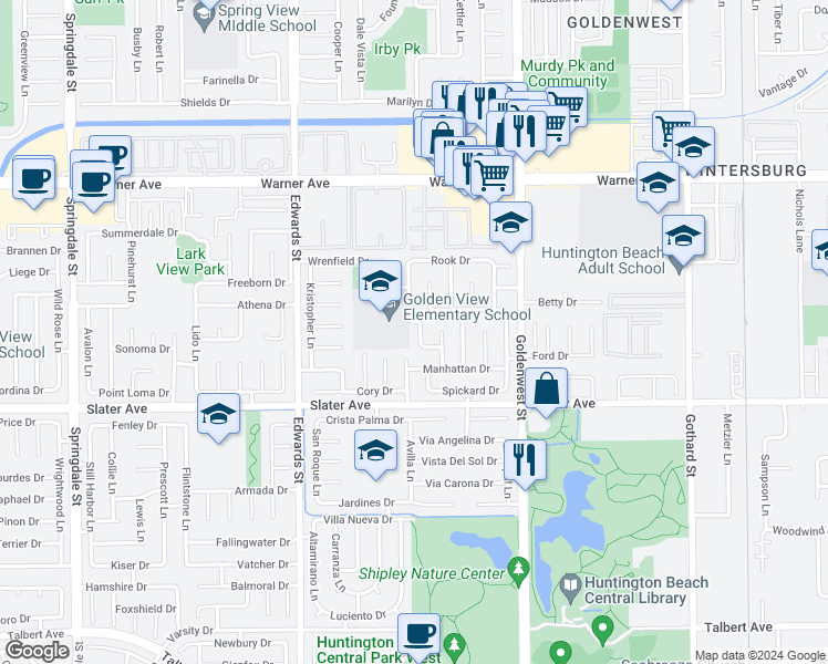 map of restaurants, bars, coffee shops, grocery stores, and more near 17321 Margarita Lane in Huntington Beach