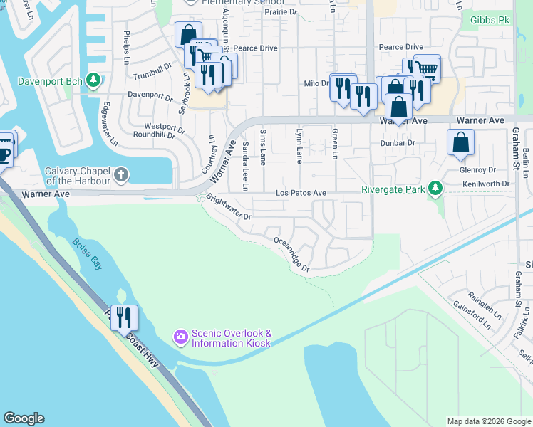 map of restaurants, bars, coffee shops, grocery stores, and more near 4632 Wellfleet Drive in Huntington Beach