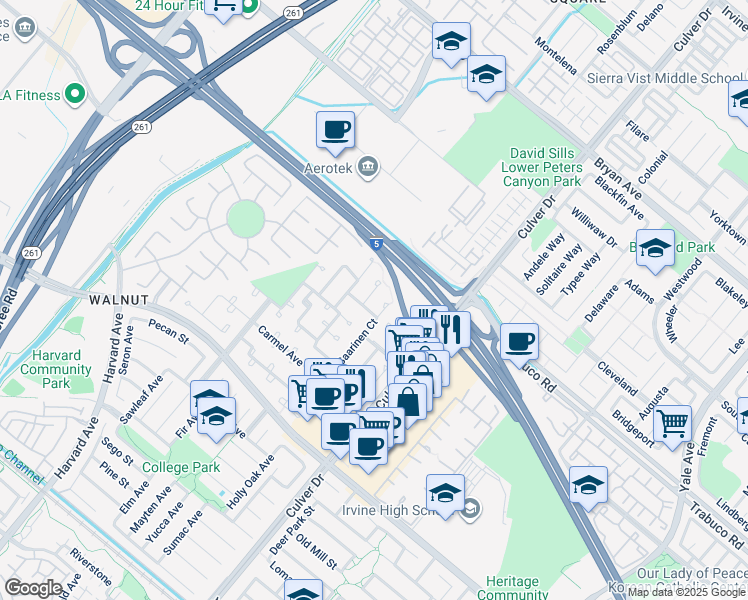 map of restaurants, bars, coffee shops, grocery stores, and more near 14112 Picasso Court in Irvine