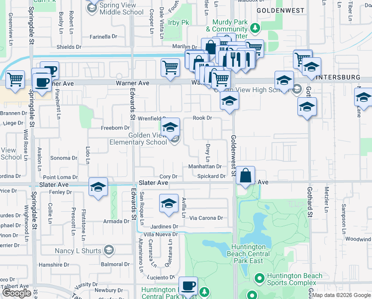 map of restaurants, bars, coffee shops, grocery stores, and more near 17321 Margarita Lane in Huntington Beach