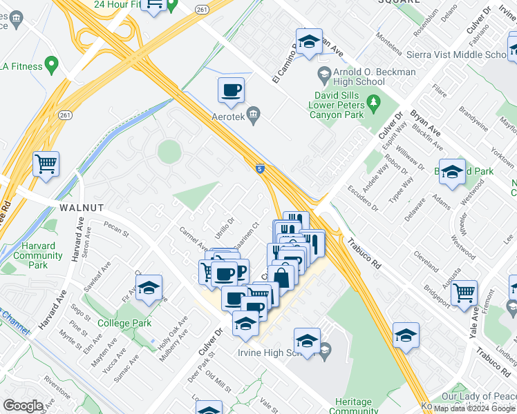 map of restaurants, bars, coffee shops, grocery stores, and more near 14112 Picasso Court in Irvine