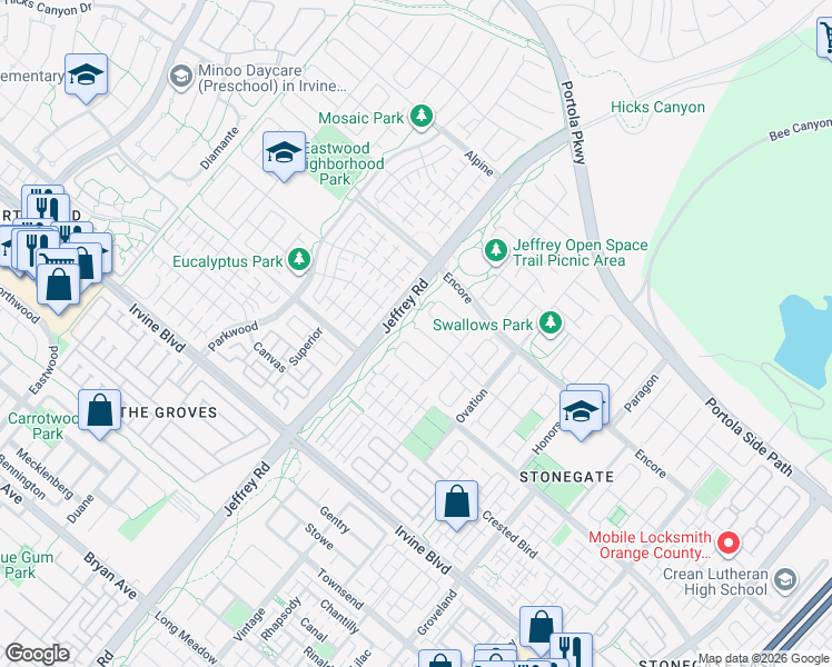 map of restaurants, bars, coffee shops, grocery stores, and more near 74 Kimbal in Irvine