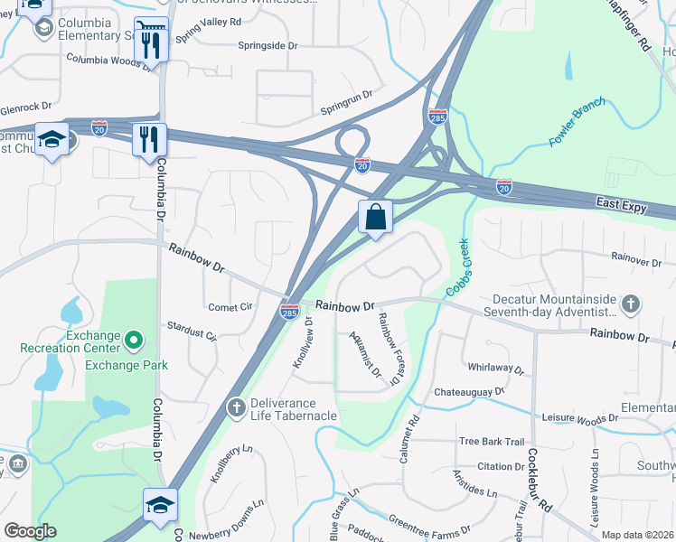 map of restaurants, bars, coffee shops, grocery stores, and more near 2727 Kings Park Circle in Decatur