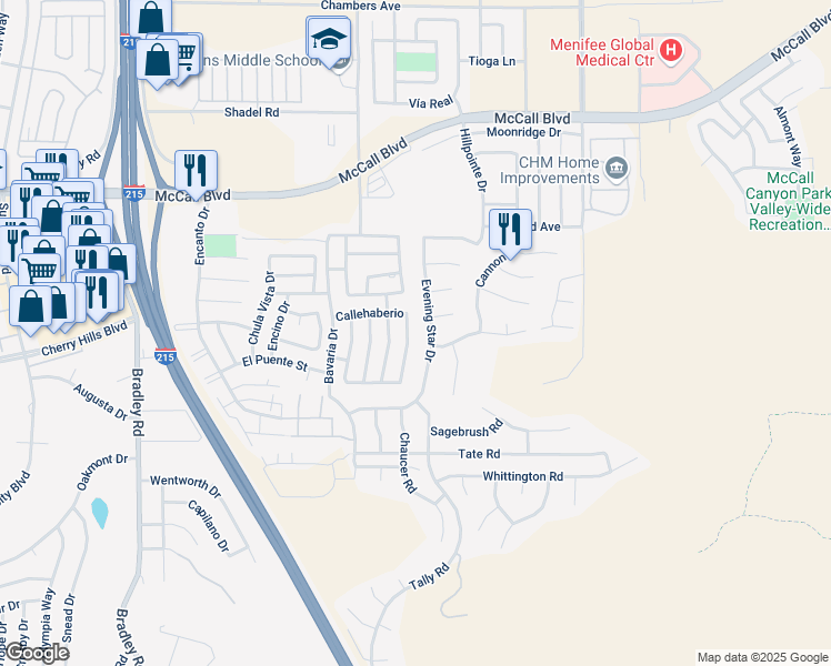 map of restaurants, bars, coffee shops, grocery stores, and more near 28243 Vía Bandita in Menifee