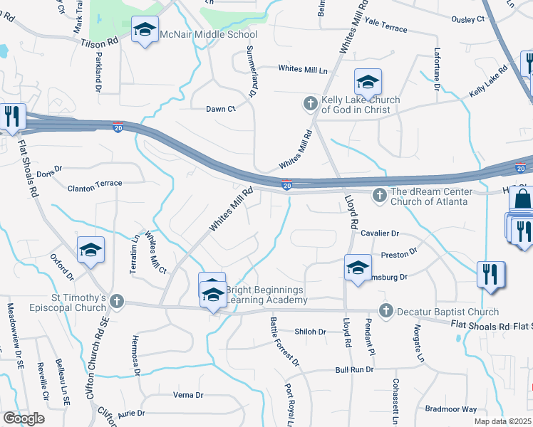 map of restaurants, bars, coffee shops, grocery stores, and more near 2432 Whites Mill Road in Decatur