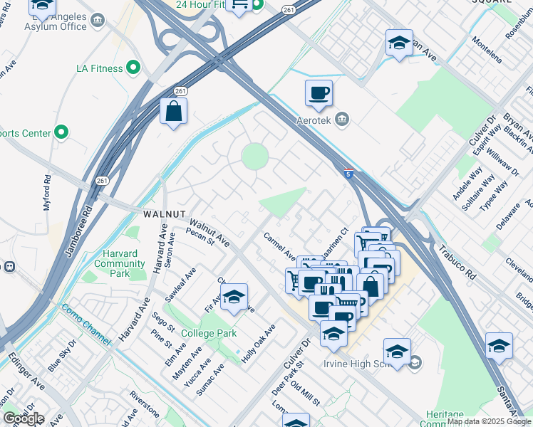 map of restaurants, bars, coffee shops, grocery stores, and more near 3606 South Mall Street in Irvine