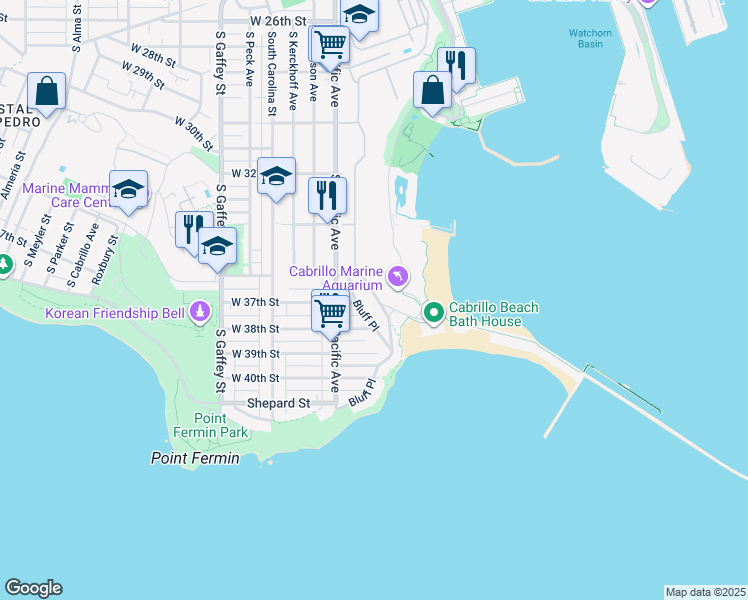 map of restaurants, bars, coffee shops, grocery stores, and more near 3649 Stephen M White Drive in Los Angeles