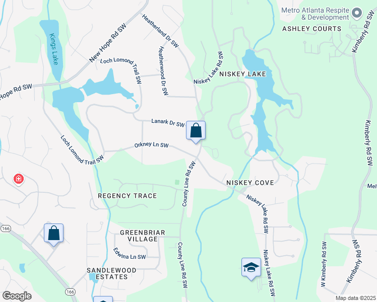 map of restaurants, bars, coffee shops, grocery stores, and more near 1585 Niskey Lake Road Southwest in Atlanta