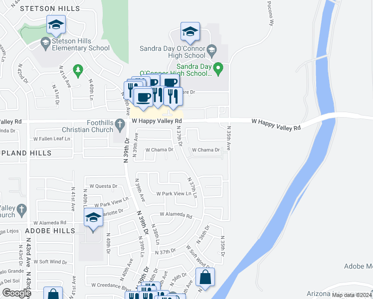 map of restaurants, bars, coffee shops, grocery stores, and more near 24642 North 36th Avenue in Glendale