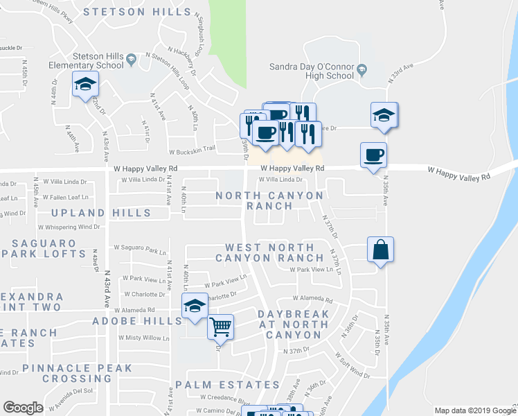 map of restaurants, bars, coffee shops, grocery stores, and more near 24637 North 39th Avenue in Glendale