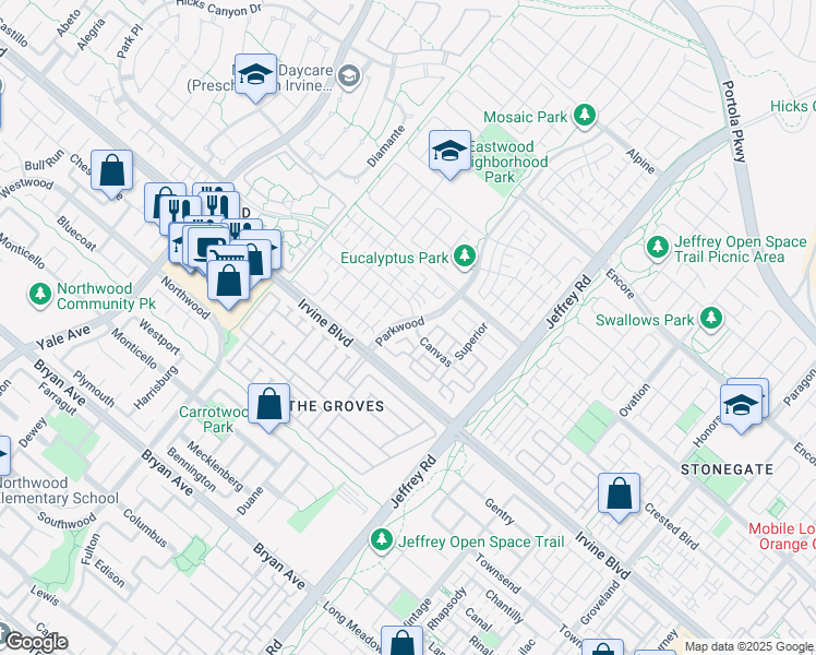 map of restaurants, bars, coffee shops, grocery stores, and more near 181 Hargrove in Irvine