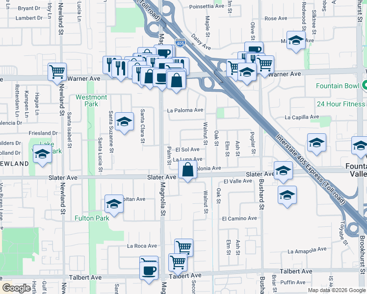 map of restaurants, bars, coffee shops, grocery stores, and more near 17333 Pepper Tree Street in Fountain Valley