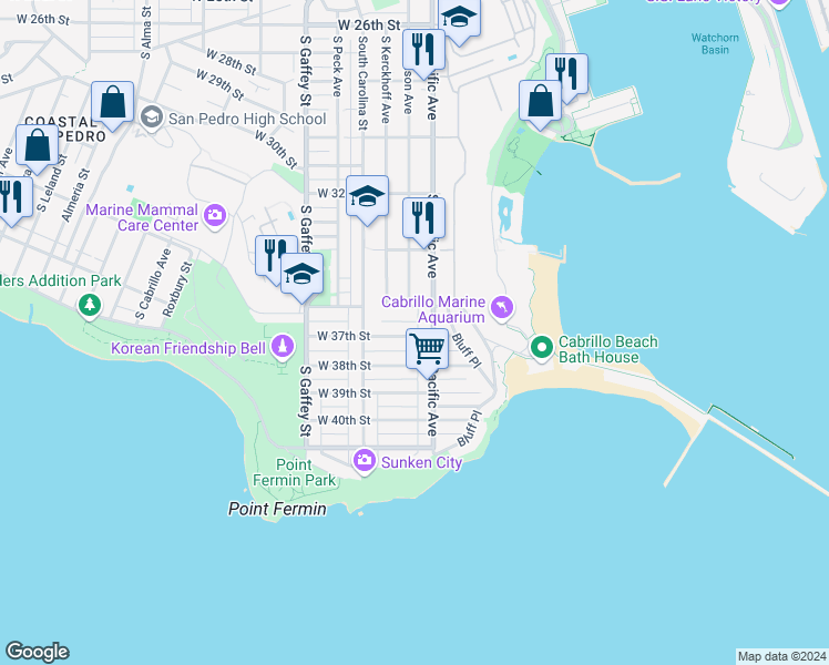 map of restaurants, bars, coffee shops, grocery stores, and more near 3621 South Pacific Avenue in Los Angeles