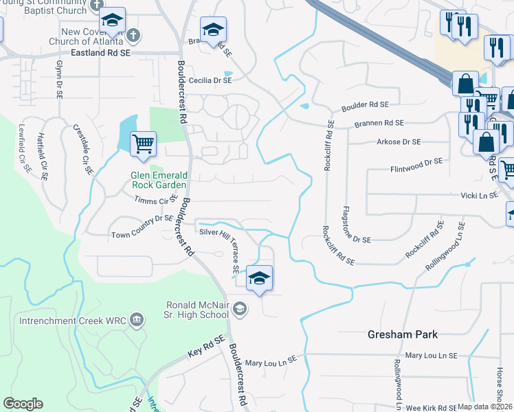 map of restaurants, bars, coffee shops, grocery stores, and more near 1593 Boulderwoods Drive Southeast in Atlanta