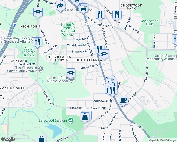 map of restaurants, bars, coffee shops, grocery stores, and more near 24 Meldon Avenue Southeast in Atlanta